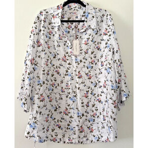 NWT Laura Ashley 100% Linen Pullover Top 3/4 Sleeve Ties Floral White Blue 3X